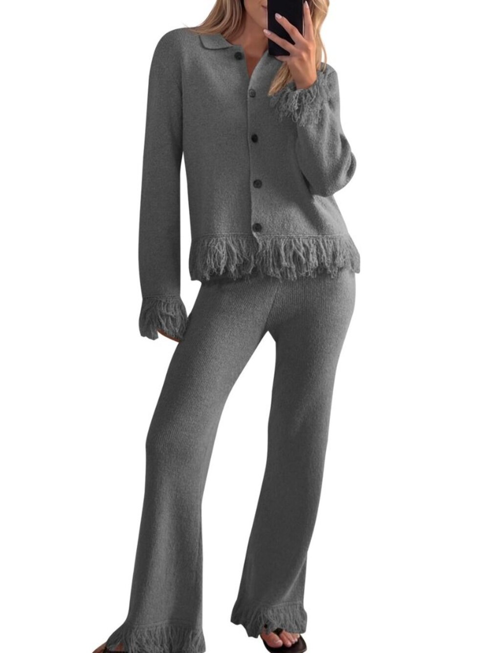 Womens Fringe Button Up Sweater Sets 2 Piece Vacation Outfits